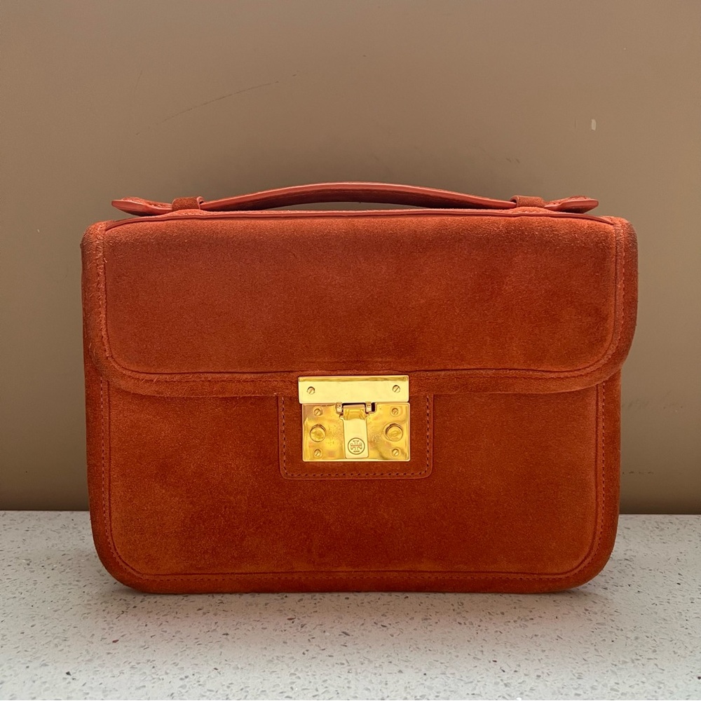 Tory Burch Orange Suede Gold Hardware Top Handle Crossbody Bag Purse - Picture 4 of 16